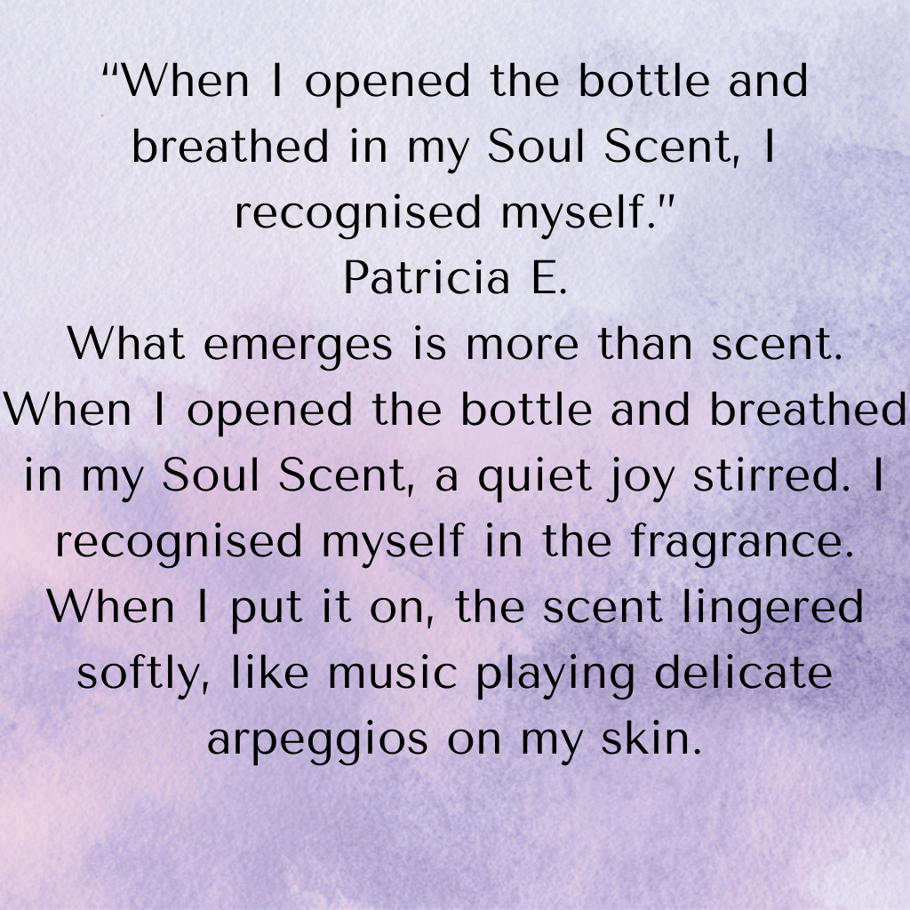 Quote about opening a bottle and recognizing oneself through a scent, with a poetic description of fragrance inspiring joy and delicate arpeggios on the skin.