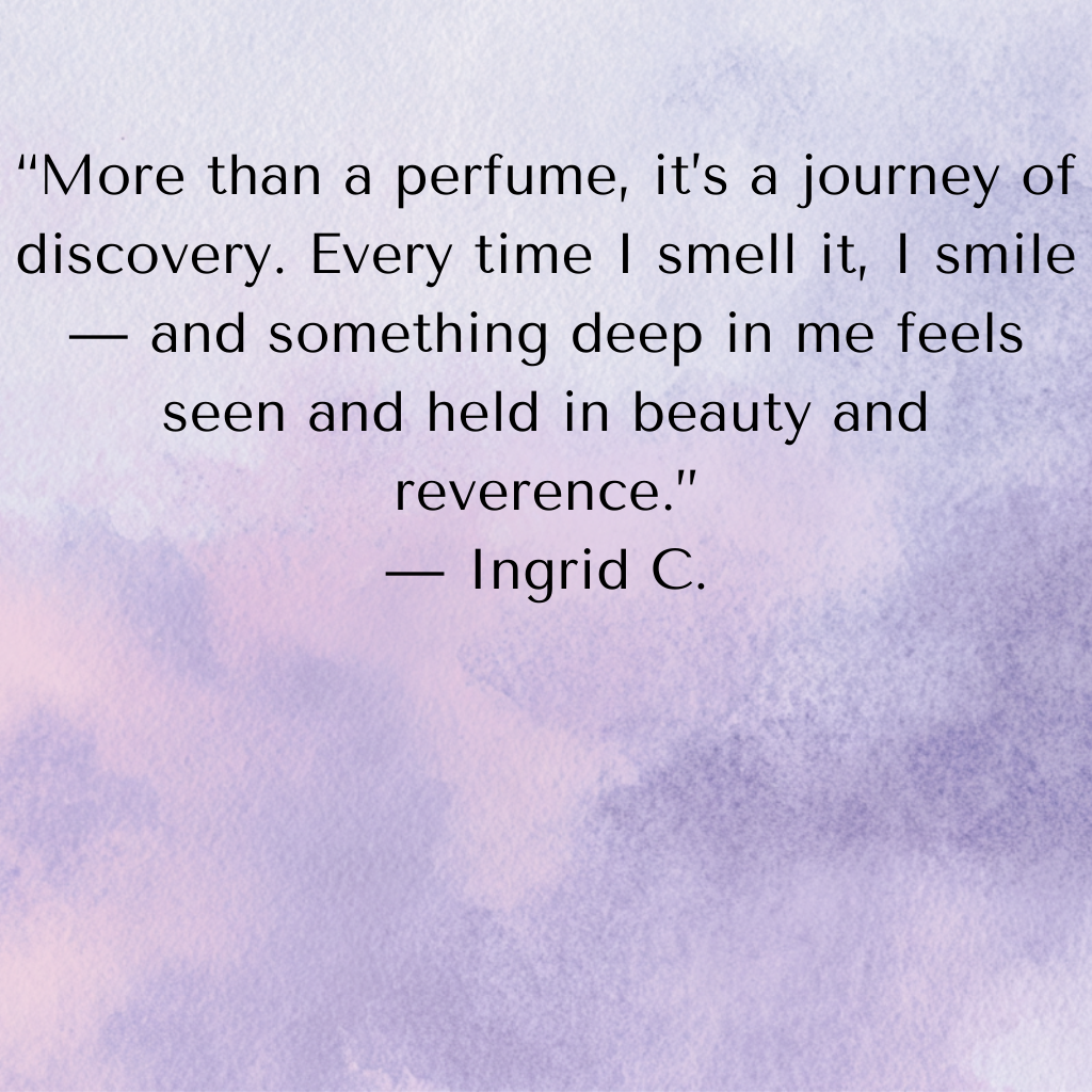 Inspirational quote about perfume by Ingrid C. on a purple watercolor background.