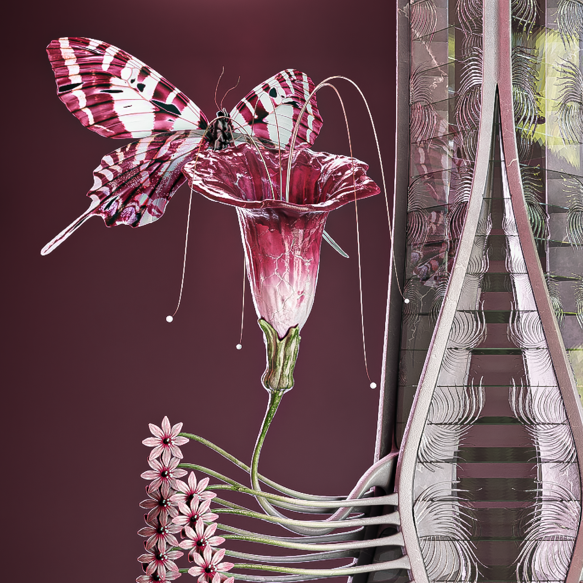 Morpho from the Arthropoda series by Amittai Lee Antoine: surreal architectural print adorned with botanical ornament.