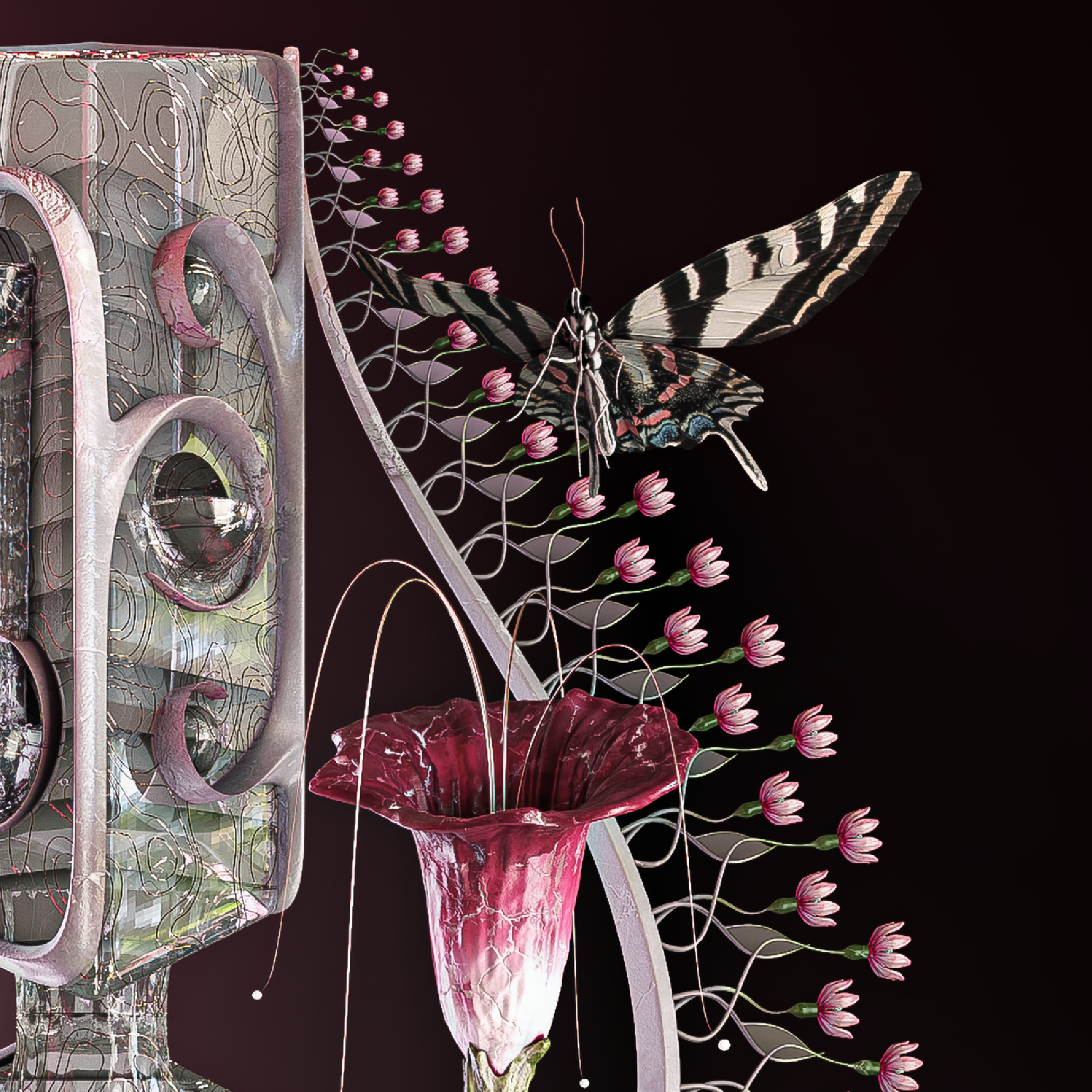 Swallowtail from the Arthropoda series by Amittai Lee Antoine: surreal architectural print featuring botanical ornament.