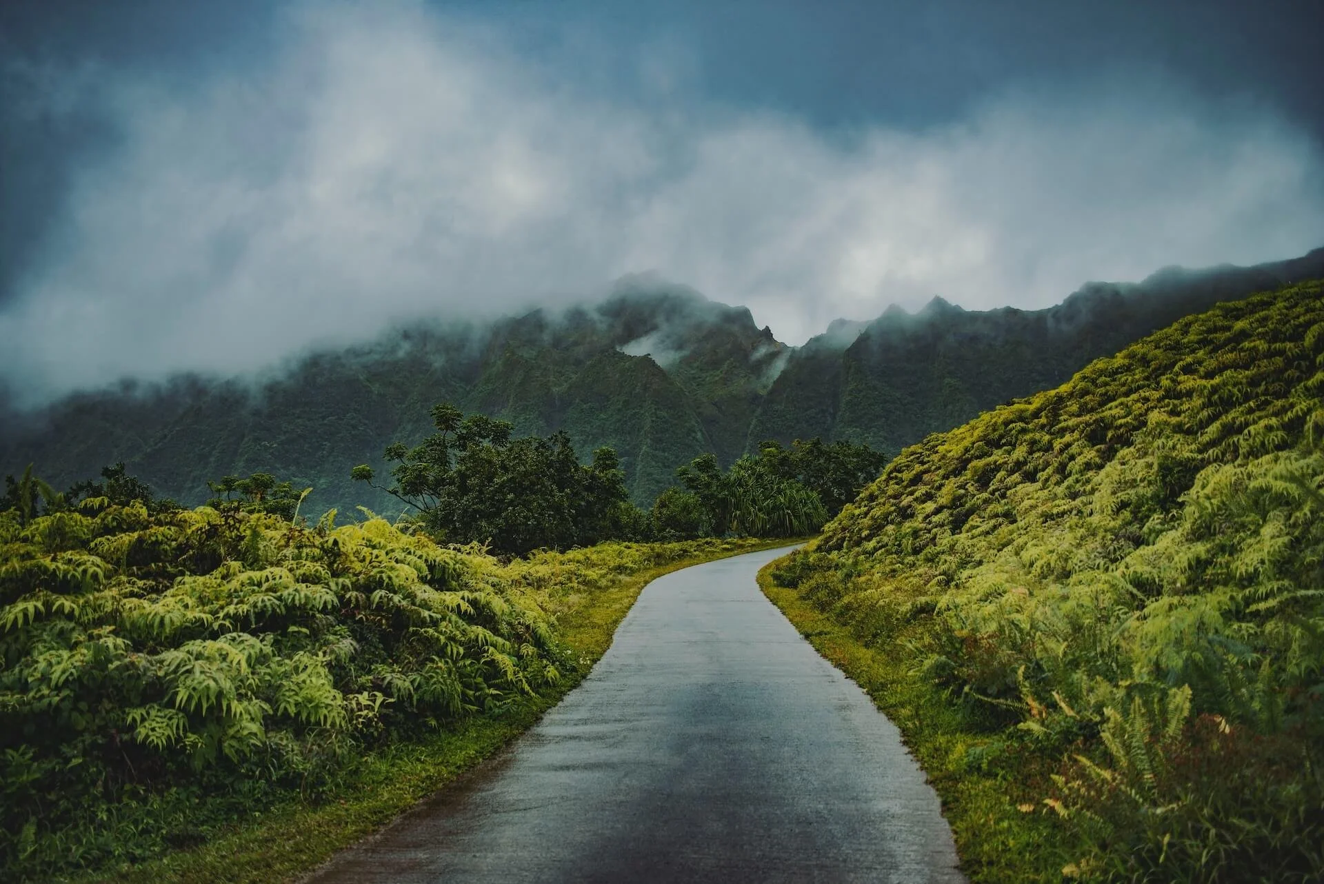 A winding paved road through lush green tropical landscape with mountains and fog in the background.