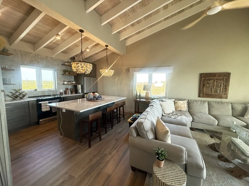 Open-concept living room and kitchen with vaulted ceilings, wooden beams, large window, and cozy furnishings.