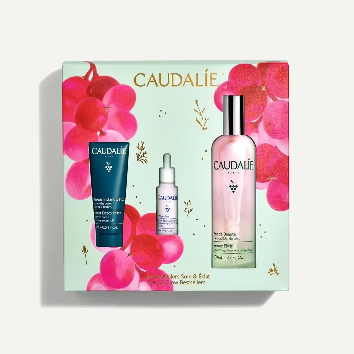 《全新正貨》Caudalie Prep and Glow Bestsellers Trio Gift Set 葡萄籽活性爽膚水套裝 (Beauty Elixir 100ML + Serum 10ML + Detox Mask 15ML) / 歐緹麗 皇后水 精華 美白 化裝水 定妝水 排毒面膜 / 【NEW &amp; Authentic】限量特價

HK$298

套裝包含 This Set Contains：
- 葡萄籽活性爽膚水 Beauty Elixir 100ML 
- 葡萄蔓極緻淡斑