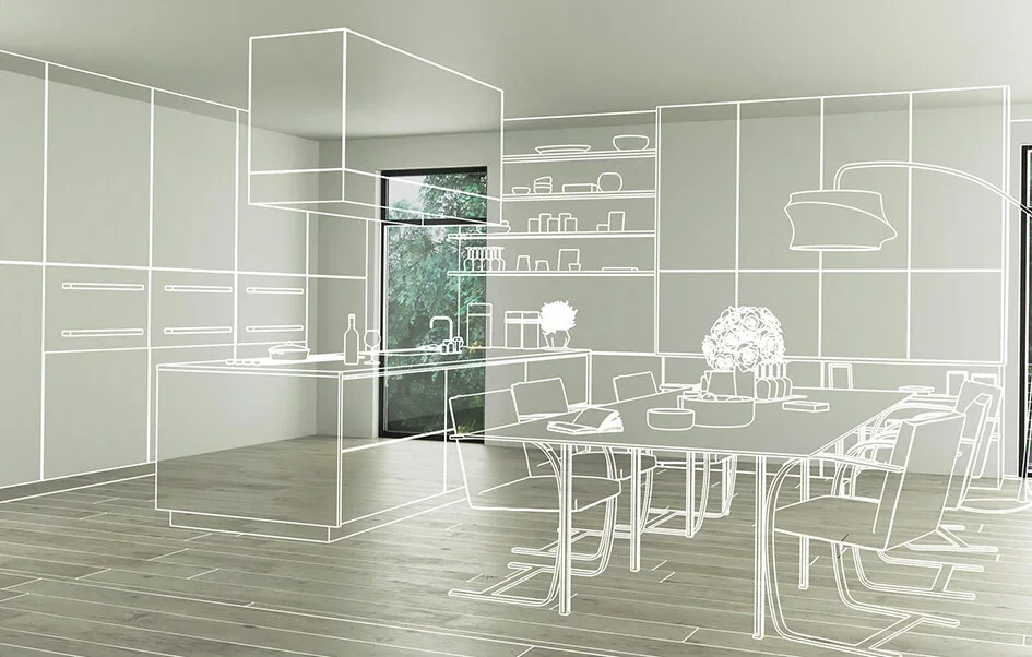 A modern kitchen and dining area with white outline drawings of cabinets, shelves, and furniture overlaid on a photo of a real interior with wood floors, large windows, and a table with chairs.