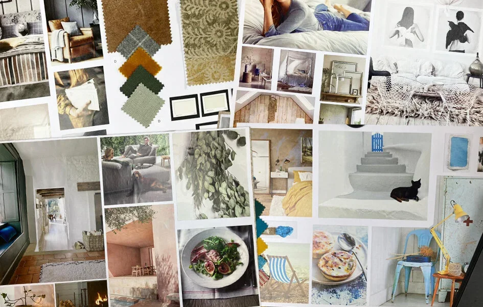 A collage of interior design inspiration including furniture, fabric swatches, decor, and cozy living spaces.