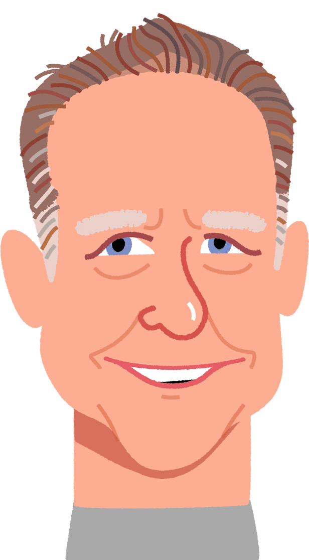 Cartoon illustration of a smiling older man with gray hair, white eyebrows, blue eyes, and a light skin tone, wearing a gray shirt against a solid peach background.