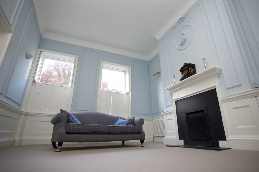 Living room with light blue walls, white crown molding, a black fireplace, a gray sofa with blue pillows, and two windows with blinds.