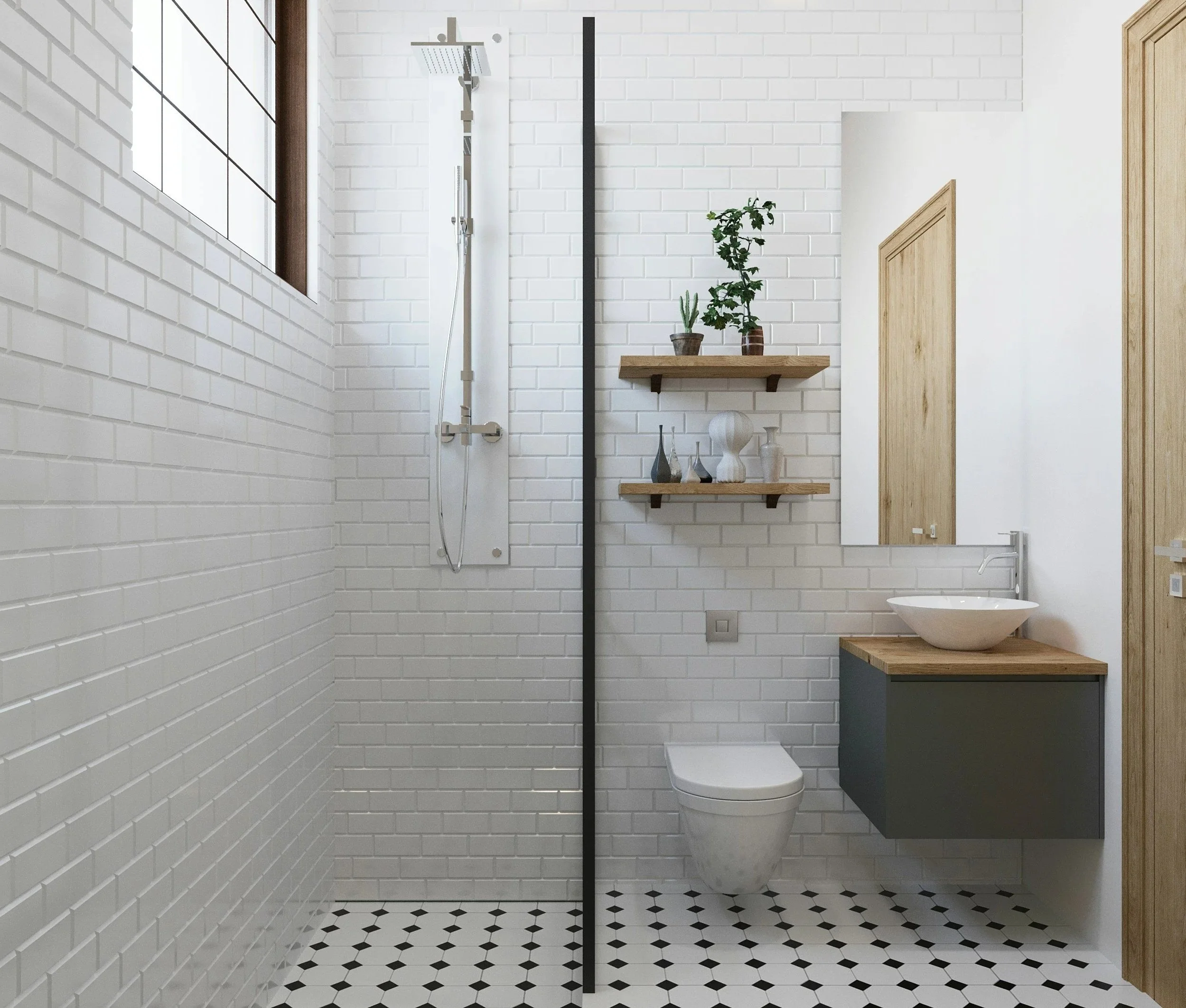Modern bathroom with white subway tile walls, black and white geometric floor tiles, a wall-mounted toilet, and a floating vanity with a vessel sink. There are wooden shelves with decorative vases and plants, a mirror, and a shower area with a rain shower head.