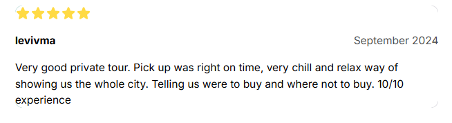 Screenshot of a review with five stars, the name 'leviyma', dated September 2024, praising a private tour experience.