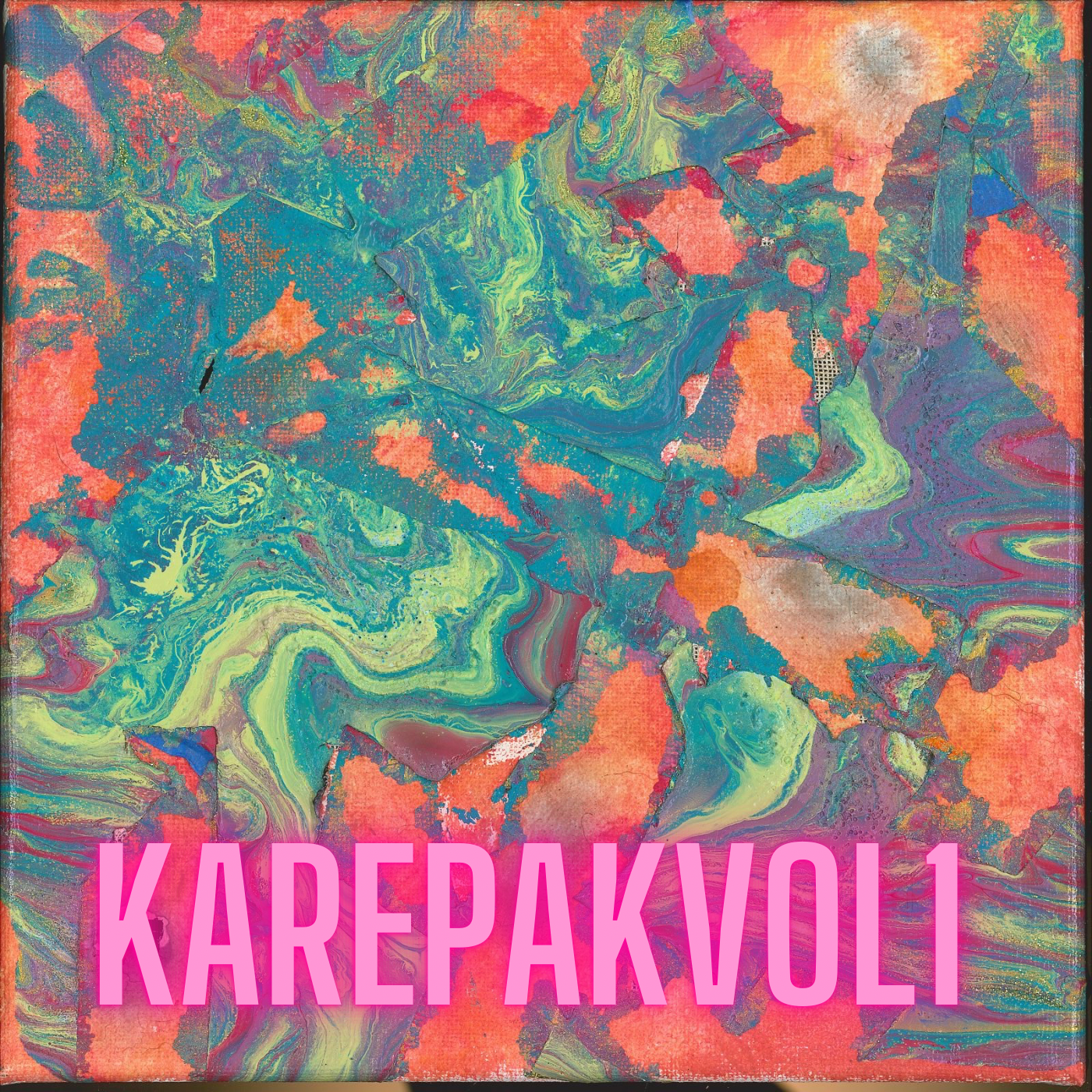 An abstract artwork with swirling patterns and vibrant colors, including green, blue, purple, orange, and pink, with the text 'KAREPK VOL 1' in bold pink letters at the bottom.