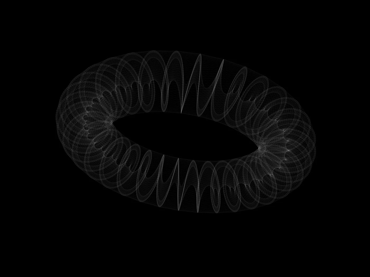Digital wireframe torus shape with intricate, luminous, and symmetrical pattern on a black background.