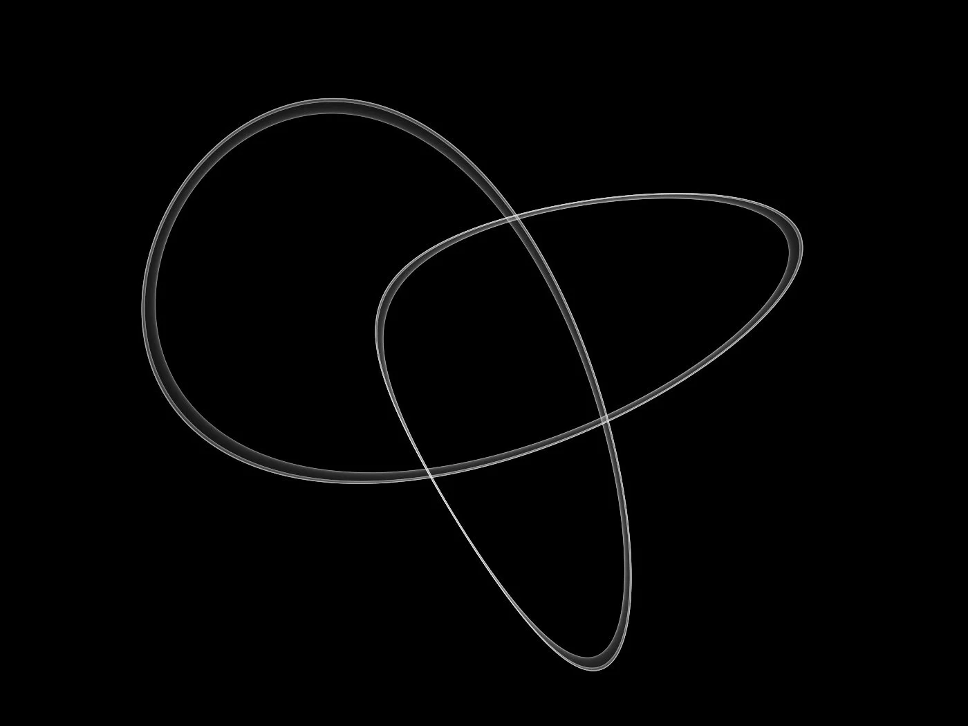 Minimalist digital art of three intertwined, glowing white loops on a black background.