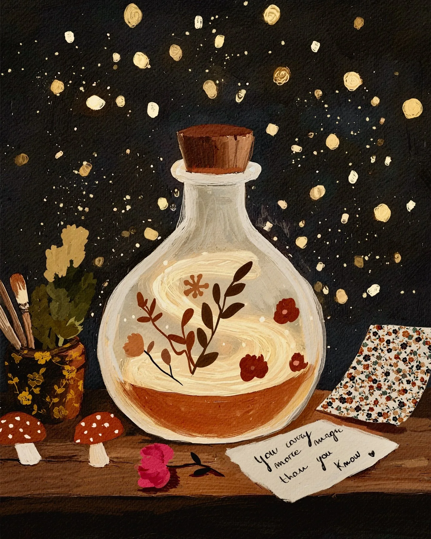 Some days I like to imagine that creativity is a little bottle of light on my desk ✨

A place where tiny flowers float, where warm colors swirl slowly, and where all the quiet magic of ordinary days gathers together.

Painting this felt like bottling