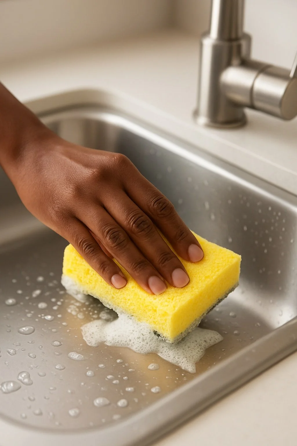 A person hand washing a yellow sponge in a kitchen sink.