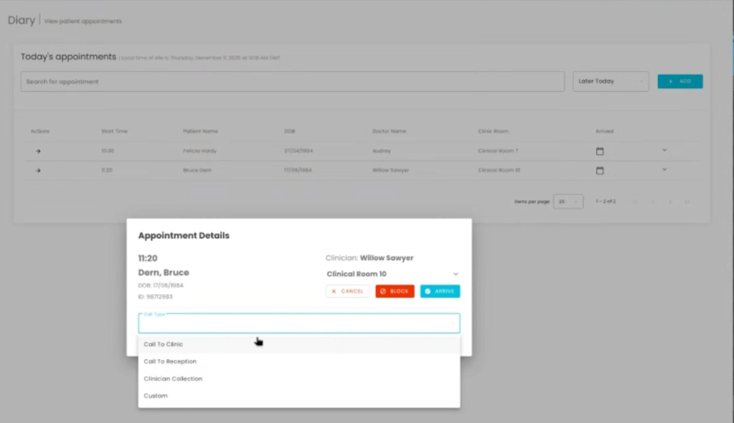 screenshot of patient calling system standalone patient calling function