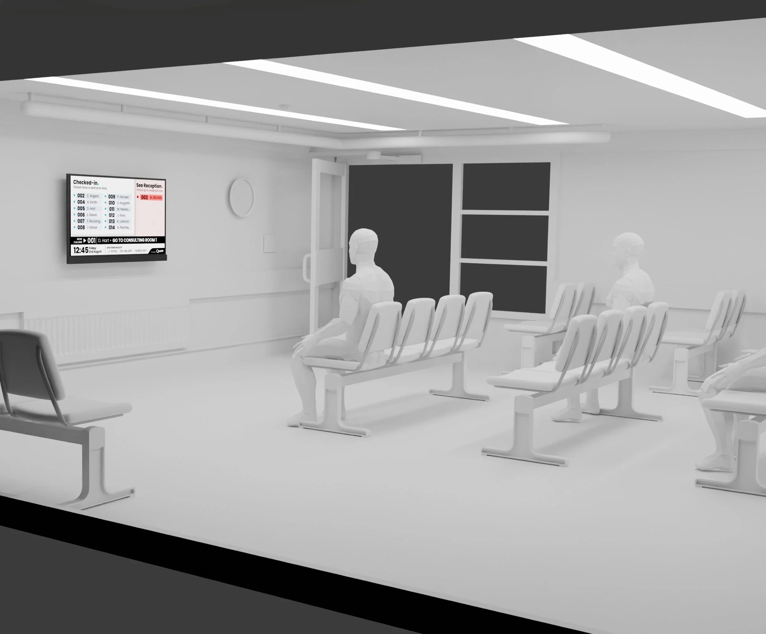 A computer-generated image showing a waiting room with a Media Display screen that is showing the QView list of checked in patients