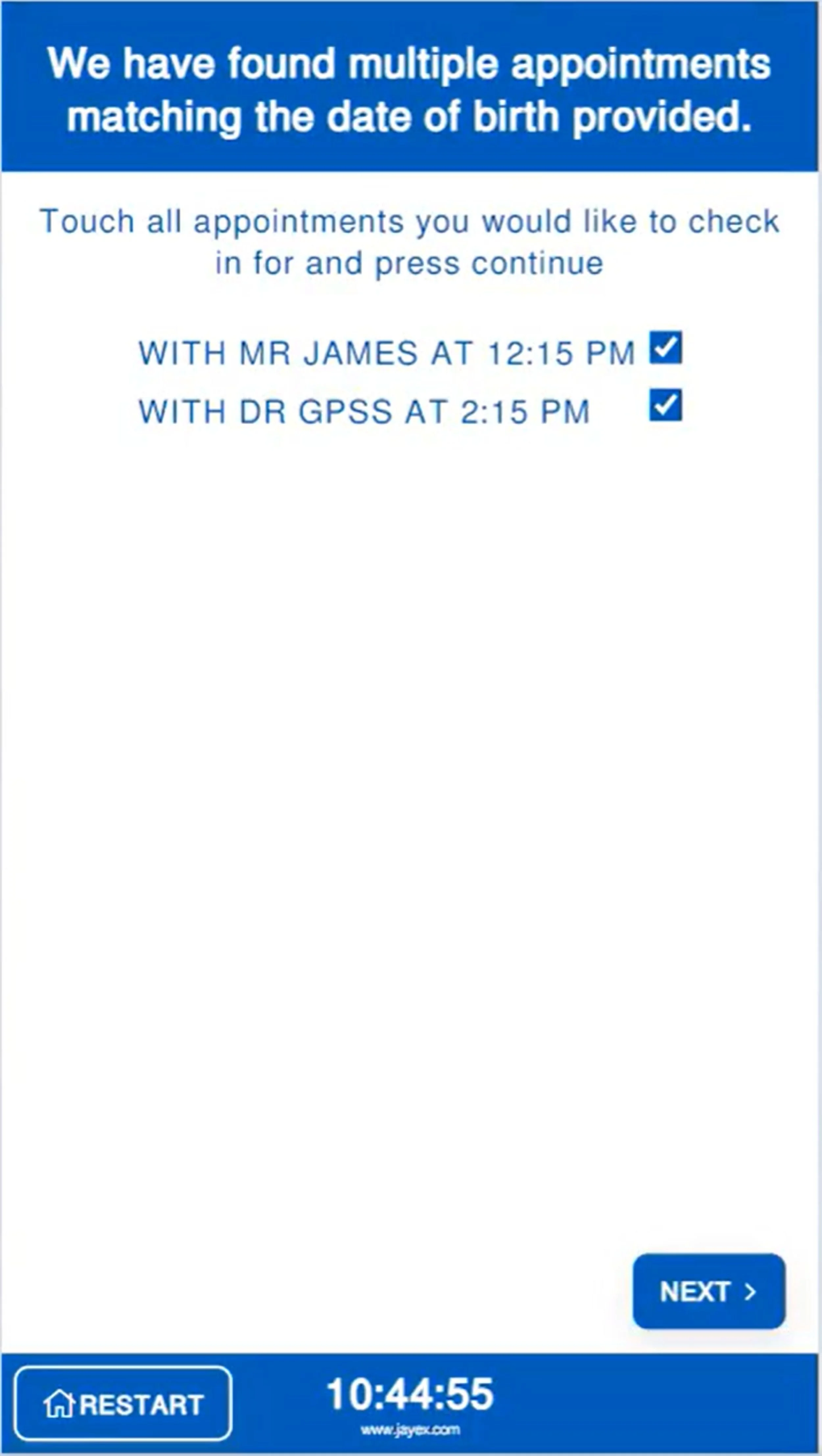screenshot of mobile patient check in showing matching appointments found