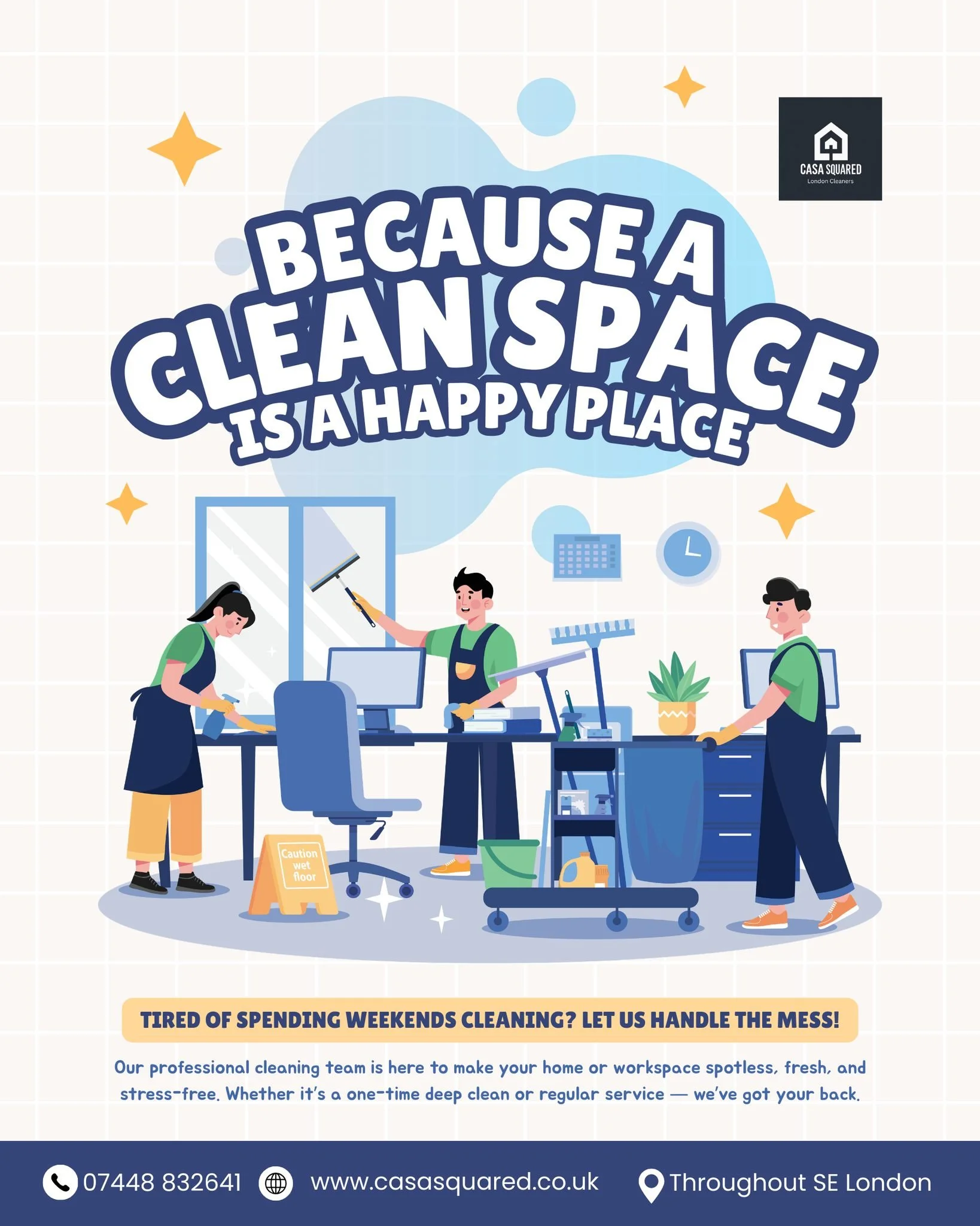 Because a clean space really is a happy place ✨🏡

Stop spending your weekends cleaning and let Casa Squared handle the mess 🧼💆♀️ 

Our professional team keeps your home or workspace fresh, organised, and stress-free&mdash;whether it&rsquo;s a one-