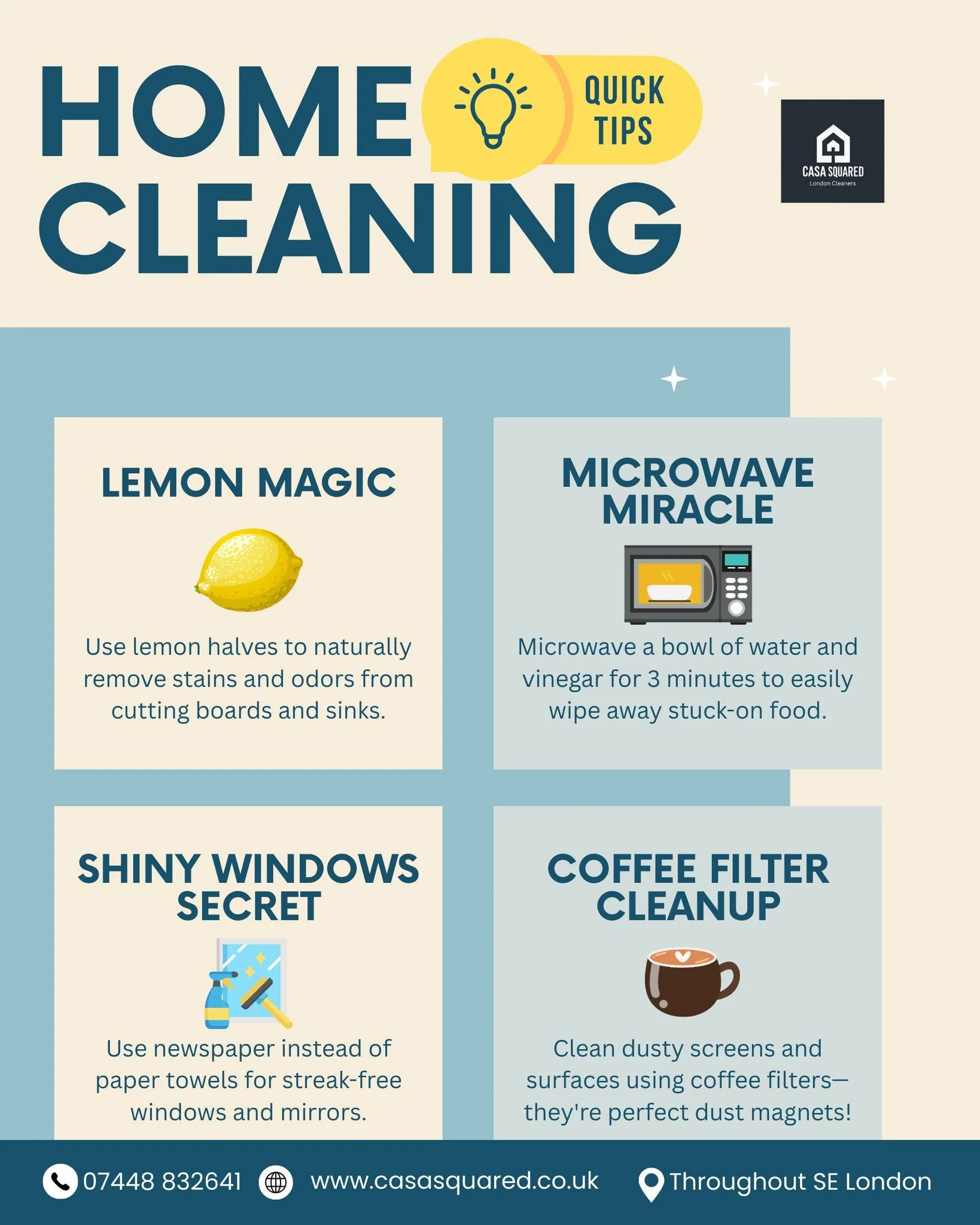 Quick home-cleaning tips you&rsquo;ll actually use 🧼✨

Small tricks can make a big difference in keeping your home fresh between cleans 🏡🍋 

From lemon magic to streak-free windows, a little know-how saves time and effort ⏳👌 And when you want pro