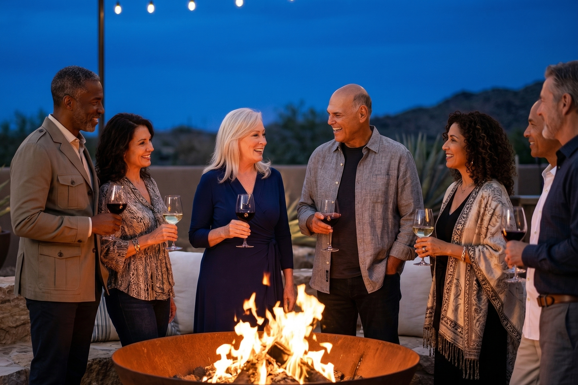 A group of people gathered around a table, laughing and smiling at a celebration, with candles on the table.