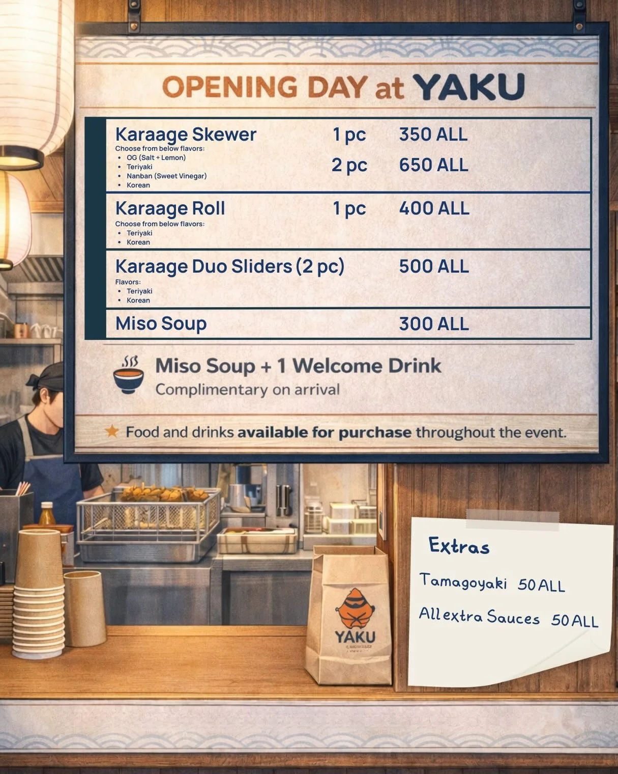 We&rsquo;re excited to welcome everyone this Saturday 🥷🍗

Here&rsquo;s a look at our opening-day menu and how the event will work.

YAKU is a small Japanese street-food shop &mdash; come by anytime, order at the counter, and celebrate the opening w