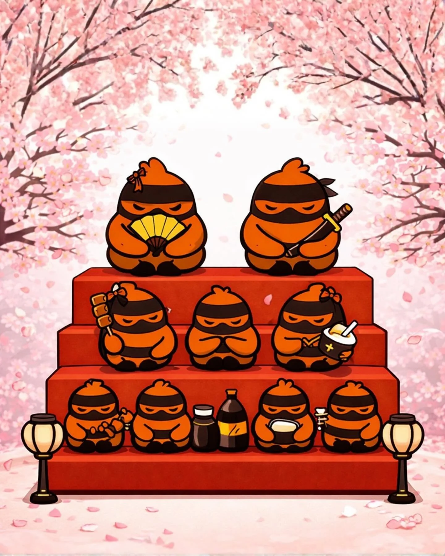 🌸 Between two celebrations.

In Japan, Hinamatsuri (雛祭り) celebrates girls, their happiness, and their future. 3.3
A few days later, the world celebrates International Women&rsquo;s Day. 8.3

So today, our little Yaku chickens built their own 雛人形 tow