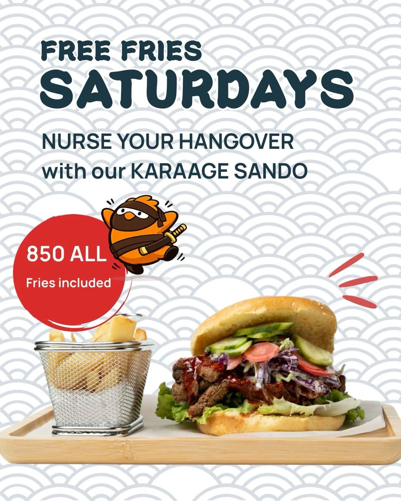 Saturdays are for recovery.

Nurse your hangover the YAKU way with a Karaage Sando
and we&rsquo;ll throw in the fries 🍟

850 ALL &mdash; Saturdays only. (In shop only)