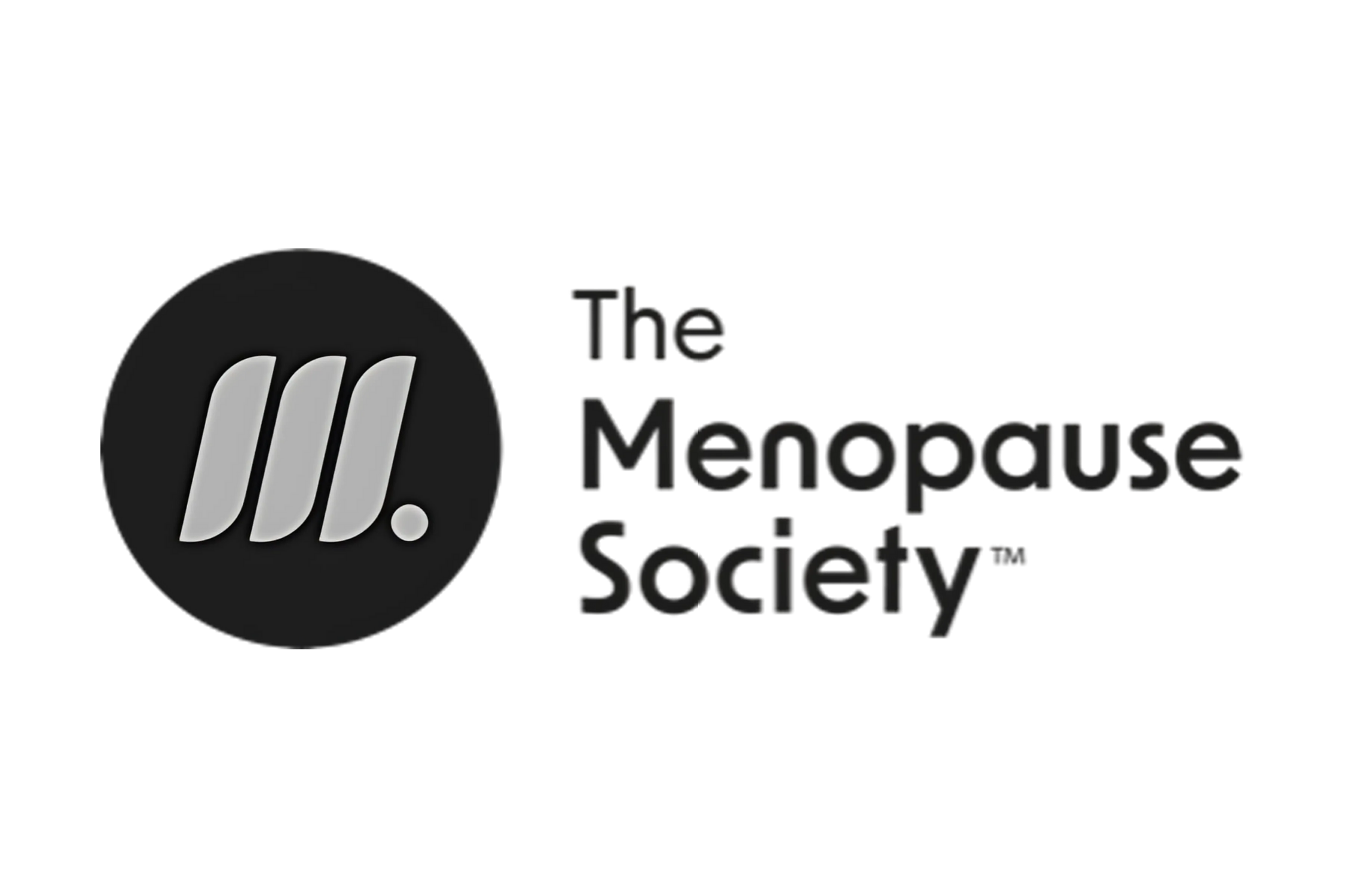The logo of The Menopause Society with a black circular icon featuring three white stylized 'M' shapes and a small white dot, next to the text 'The Menopause Society' in black.