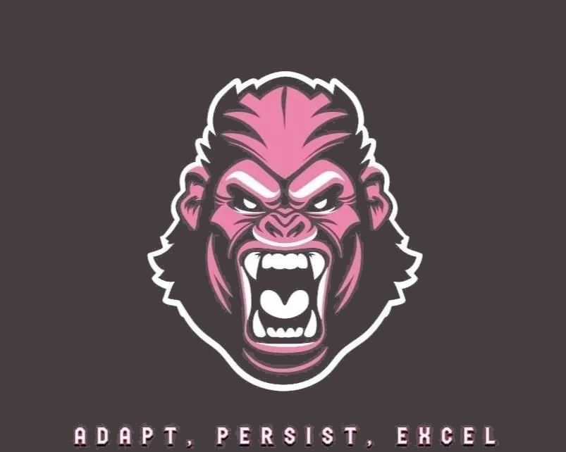 Illustration of a fierce, roaring lion with pink and black colors and an aggressive expression, set against a dark background. Text below reads "Adapt, Persist, Excel".