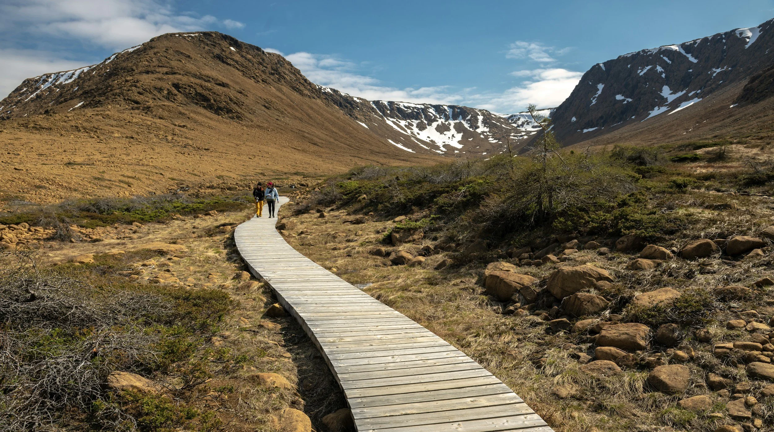 Due escursionisti che camminano su un sentiero di legno nelle Tableland in Terranova, Canada con montagne e neve sullo sfondo.
