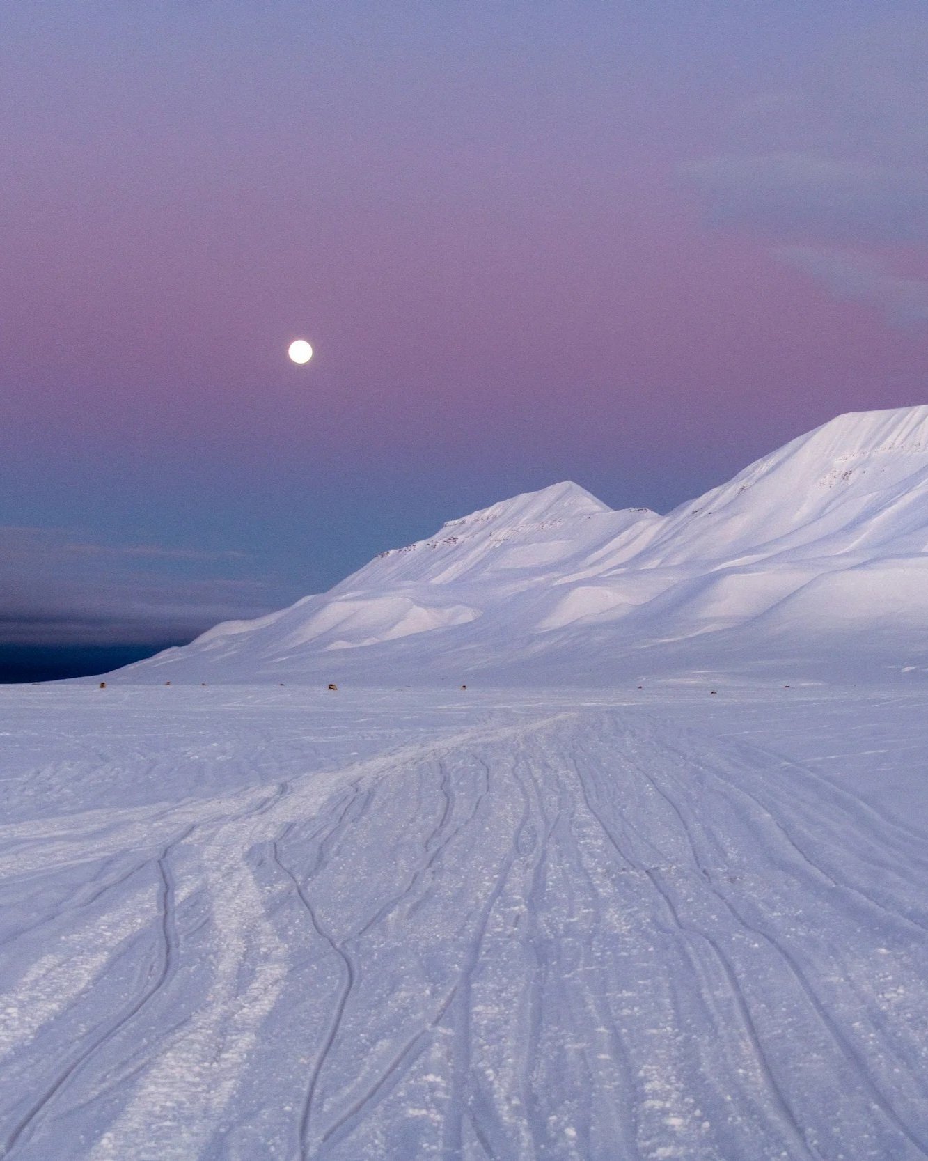 Paesaggio invernale con montagne di neve, cielo al tramonto o all'alba con una luna piena visibile, tracce di sci sulla neve e alcune motoslitte in lontananza.