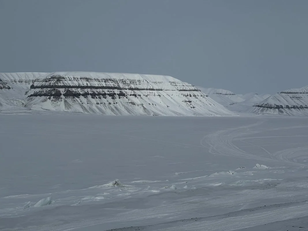 Paesaggio coperto di neve con grandi formazioni rocciose e colline nel background, cielo coperto, Tempelfjörd, Isole Svalbard.