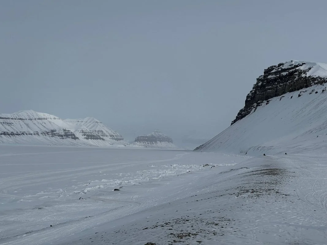 Paesaggio innevato con montagne e un cielo coperto, strada o pista nel primo piano ricoperta di neve.