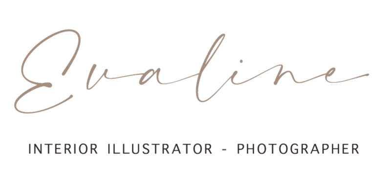 The image displays the name 'Evaline' in cursive script, with the title 'Interior Illustrator - Photographer' written below in a smaller font.