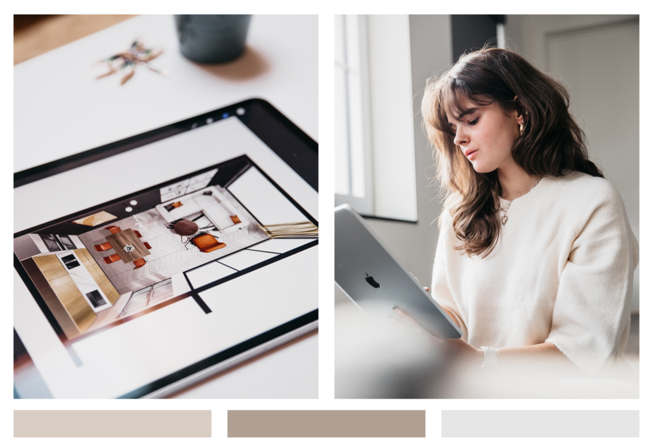 Left side: a tablet displaying a 3D rendering or interior design plan of a modern living room with wooden furniture and a grid-patterned floor. Right side: Evaline Vangelder, interior illustrator and photographer, looking at an iPad.