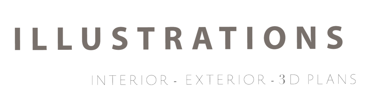 Logo featuring the words 'ILLUSTRATIONS' in large gray uppercase letters, with smaller text below reading 'INTERIOR - EXTERIOR - 3D PLANS'.