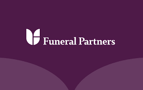 Logo for Funeral Partners featuring a stylized tulip symbol and the company name on a purple background.