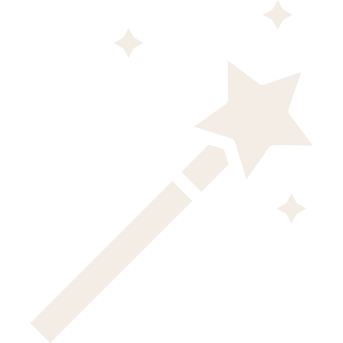 Black and white illustration of a magic wand with a star at the tip, surrounded by smaller stars.