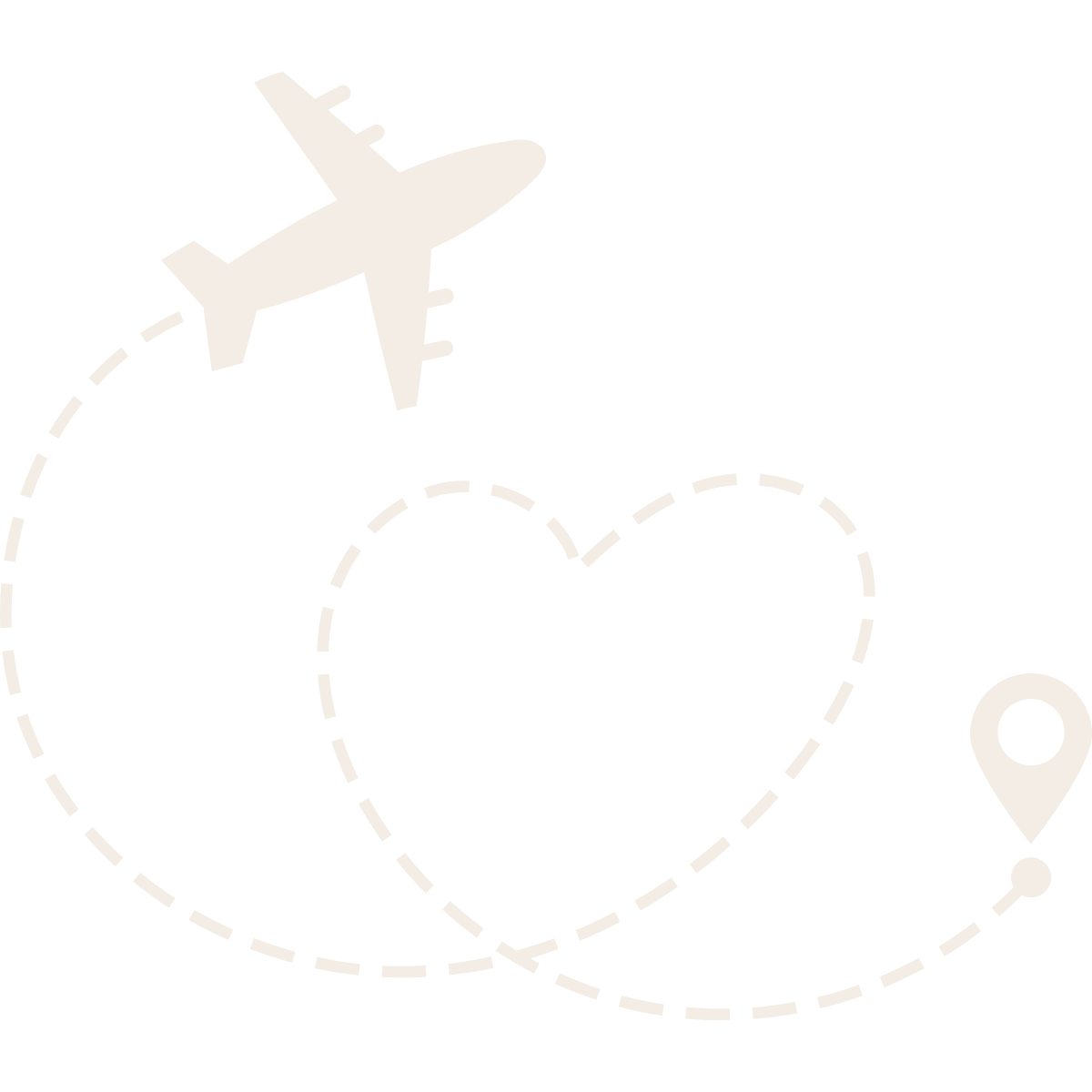 Airplane flying along a dotted line path from a starting point to a destination marked with a location pin, with a heart-shaped dotted line connecting two points.