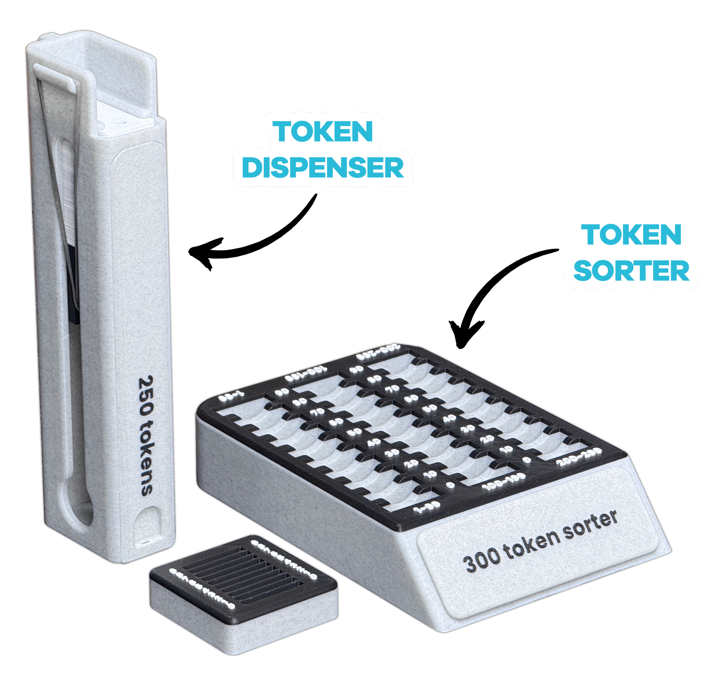 A set of token management devices including a token dispenser and a token sorter