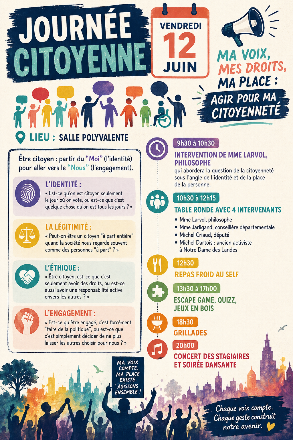 Affiche pour la Journée Citoyenne du vendredi 12 juin, avec différents événements et horaires, y compris une intervention philosophique, une table ronde, un repas, un escape game, des grillades et un concert, avec des illustrations de silhouettes de personnes et une ville en arrière-plan.