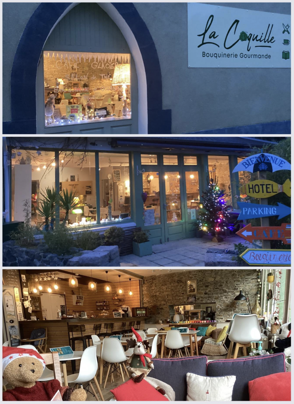Trois images montrant l'intérieur et la façade d'un café ou un hôtel, décoré pour Noël avec des lumières et des sapins, avec un intérieur accueillant et chaleureux.