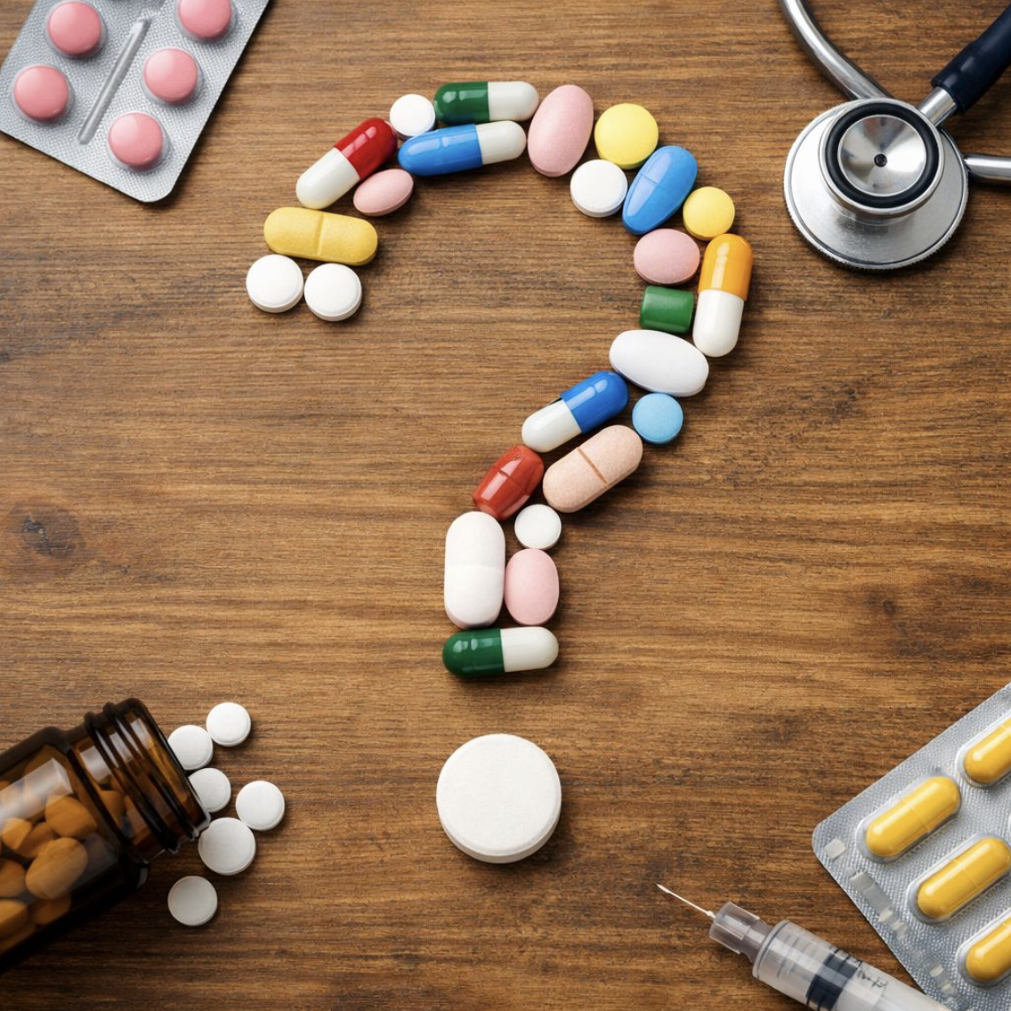 Une question mark formée avec des capsules de médicaments, un stéthoscope, un flacon de pilules, une seringue, et des comprimés sur une surface en bois.