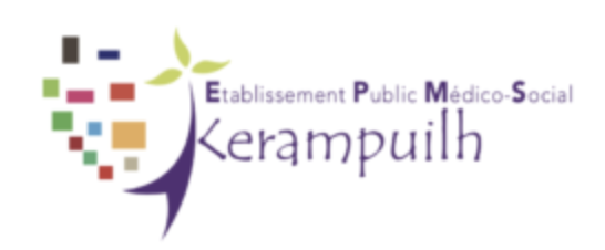 Logo de l'établissement public médico-social Kerampuilh avec un symbole graphique coloré et un texte en français.