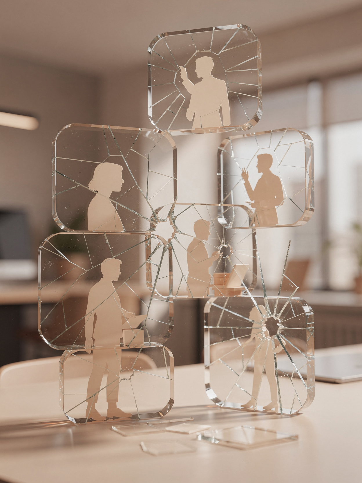 Vitrine en verre brisé avec des silhouettes de personnes gravées, disposée sur une table dans un intérieur lumineux.