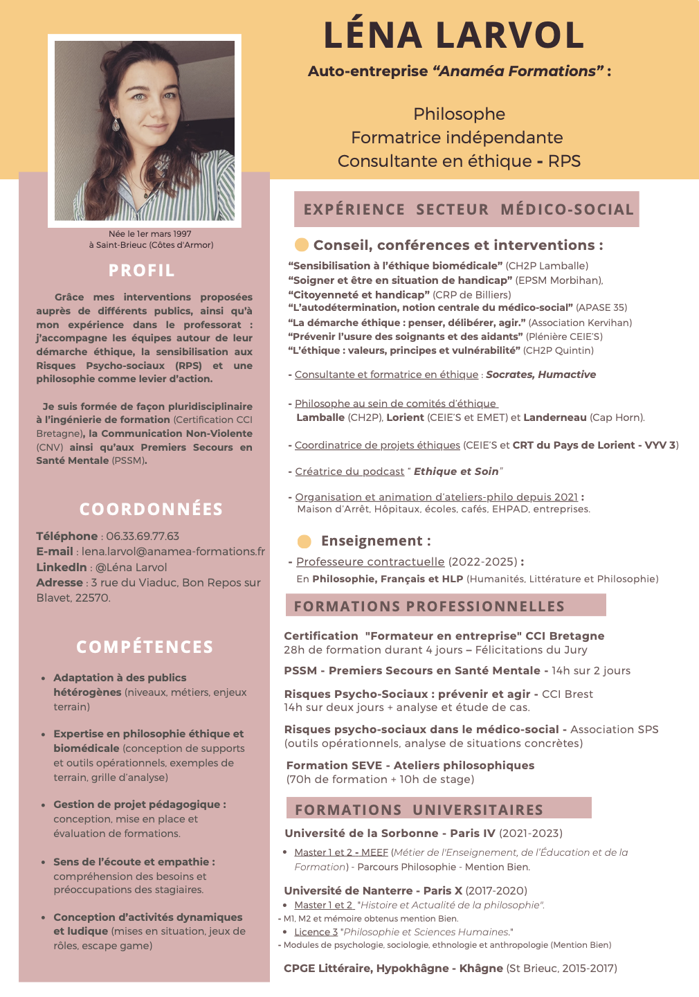 Un CV ou une fiche de présentation d'une femme nommée LÉNA LARVOL, avec une photo d'elle à gauche. Le document détaille son profil, ses expériences, ses compétences, ses coordonnées, ses formations professionnelles et universitaires, ainsi que ses activités en éthique et formation.