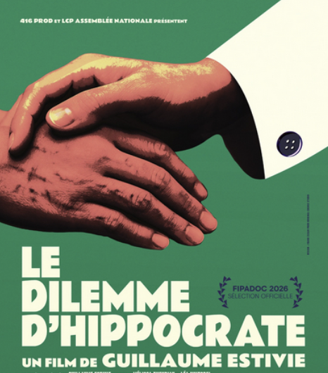 Affiche de film intitulée "Le Dilemme d'Hippocrate" avec une image d'une poignée de main et un costume formel.