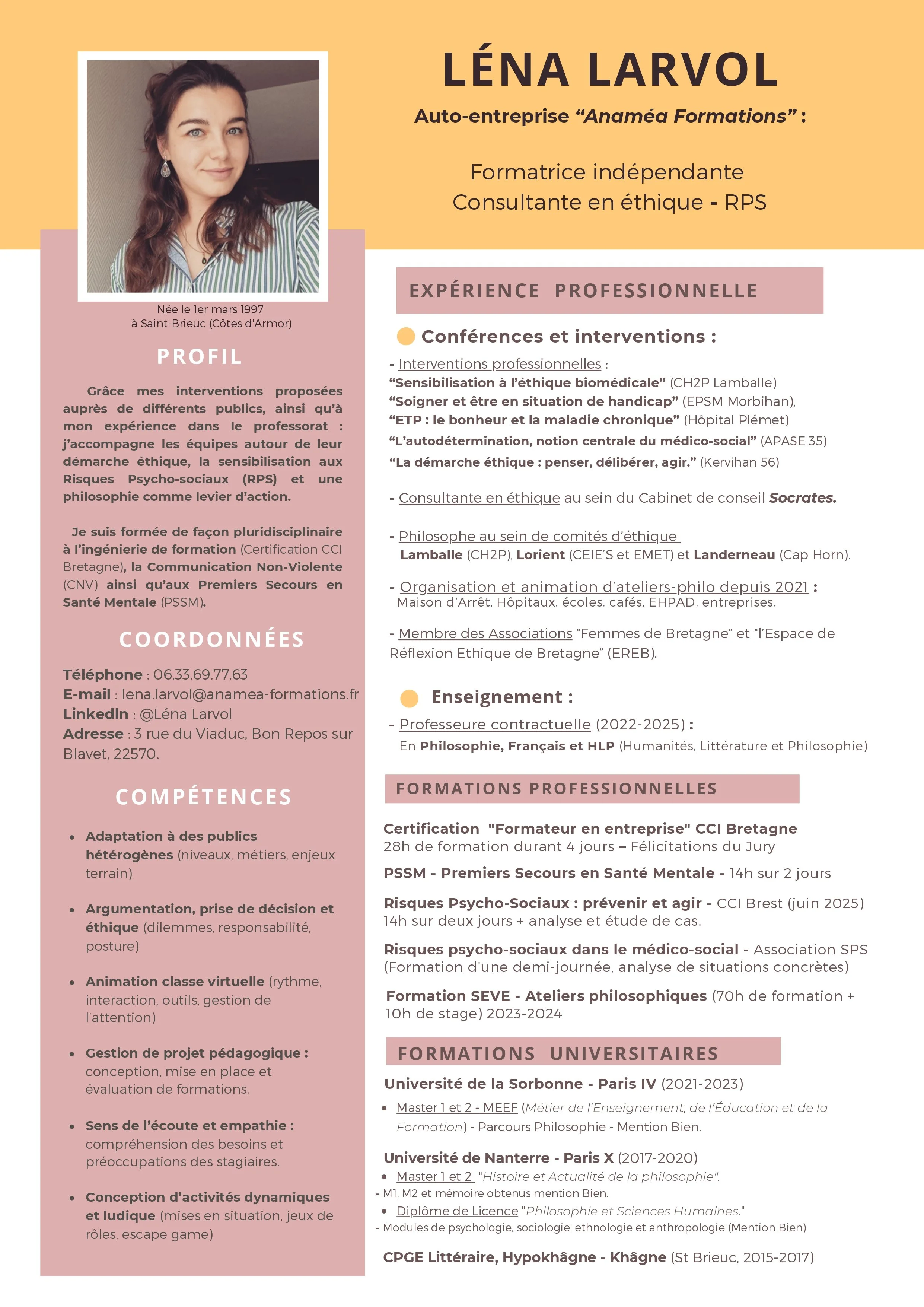 Une fiche de présentation avec une photo de femme et du texte, mentionnant le nom LÉNA LARVOL, ses compétences, expériences et formations en éthique, psychologie et philosophie.