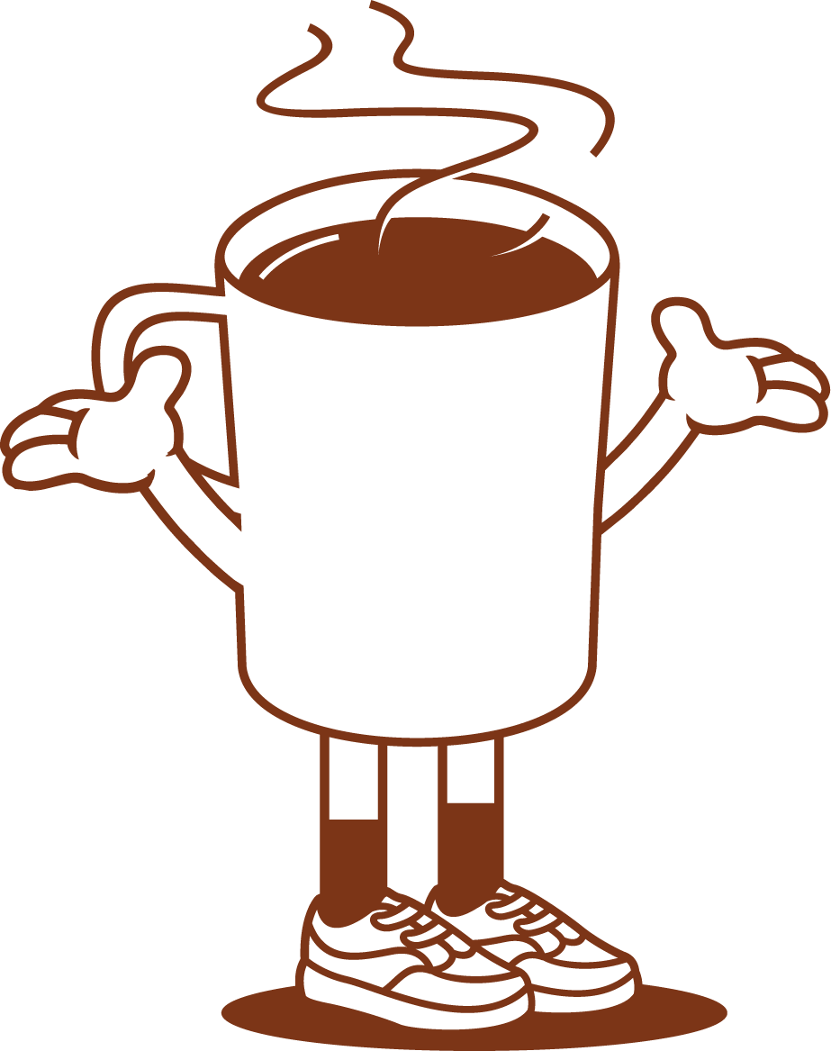 A graphic illustration of a steaming cup of coffee with arms, legs, and sneakers, Coffee mascot for the PDK coffee club!