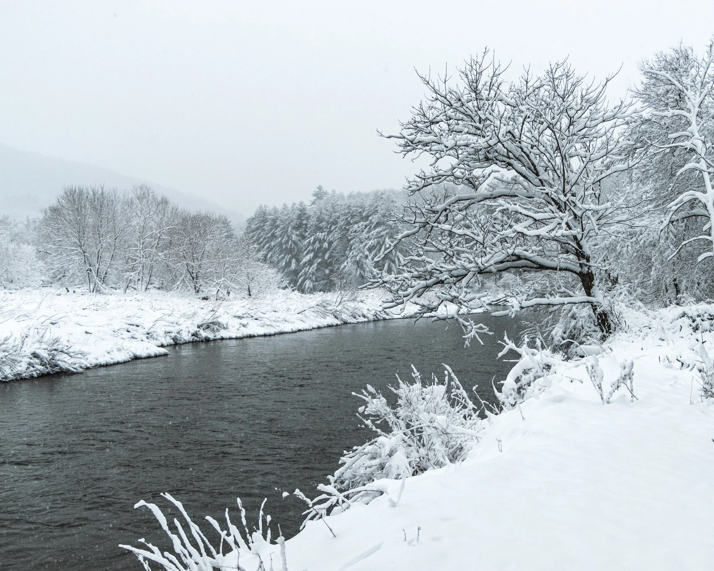 A snowy landscape with a river flowing through snow-covered trees and hills in the background.